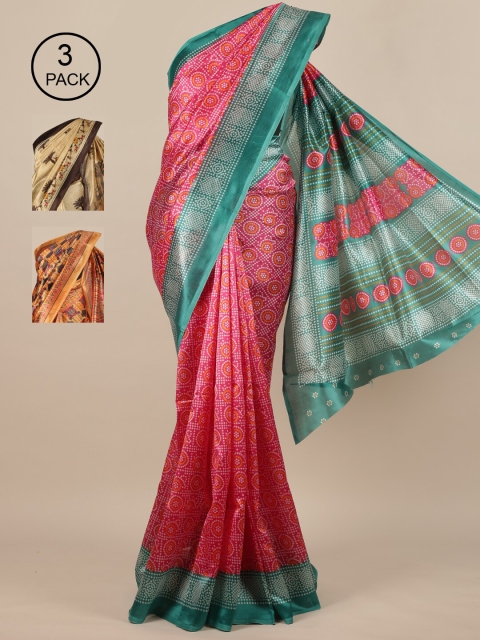 

Pothys-Pack of 3 Assorted Jute Print Sarees, Pink
