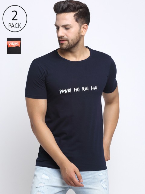 

VIMAL JONNEY Men Pack Of 2 Navy Blue & Black Typography Printed T-shirts