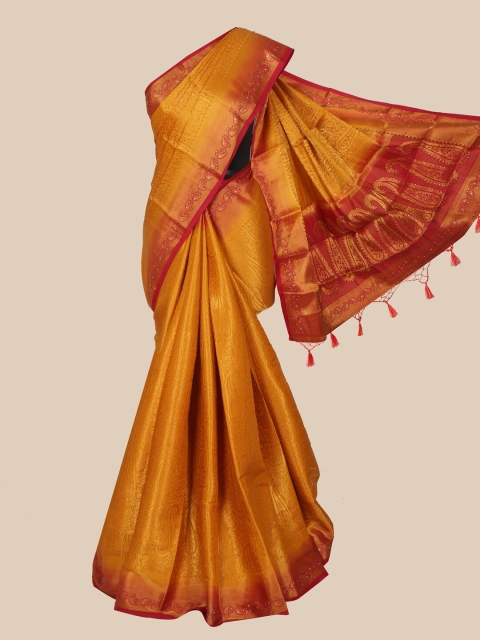 

Pothys Mustard & Red Ethnic Motifs Zari Art Silk Banarasi Saree