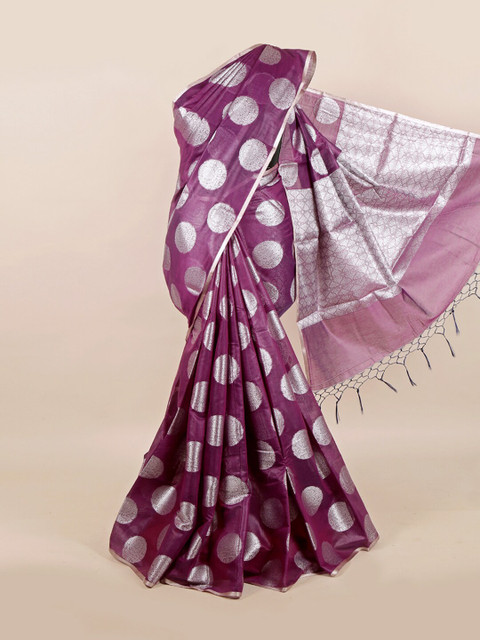 

Pothys Purple & Silver-Toned Floral Zari Linen Blend Saree