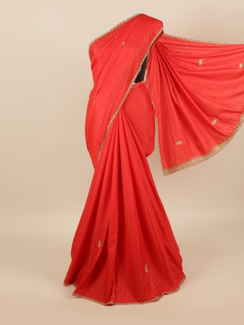 

Pothys Orange & Gold-Toned Embellished Beads and Stones Pure Georgette Saree