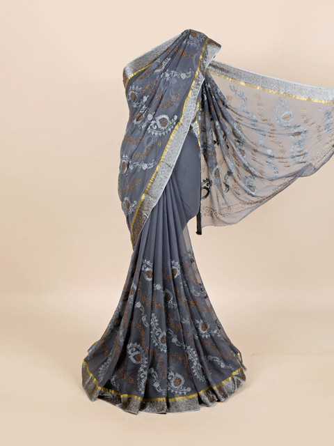 

Pothys Grey & Gold-Toned Floral Pure Chiffon Saree
