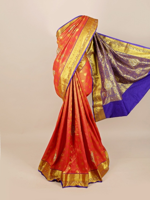 

Pothys Orange & Blue Floral Beads and Stones Pure Silk Kanjeevaram Saree