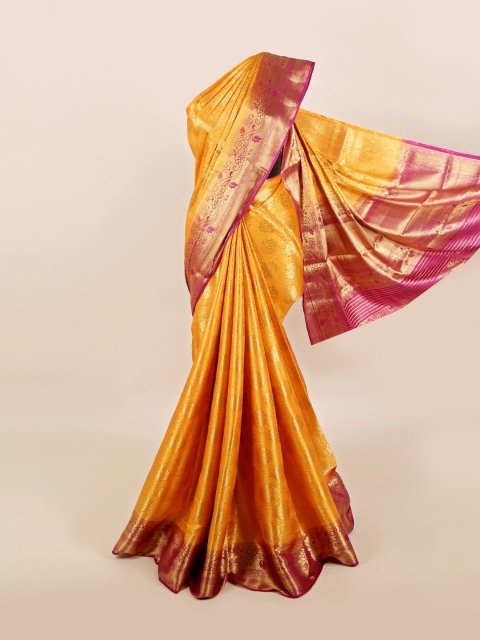 

Pothys Mustard & Pink Floral Zari Art Silk Banarasi Saree