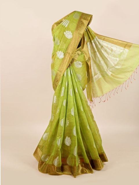

Pothys Green & Silver-Toned Floral Zari Linen Blend Saree