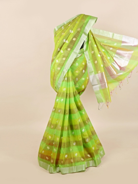 

Pothys Green & Silver-Toned Woven Design Zari Linen Blend Saree