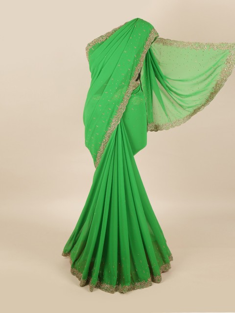 

Pothys Green & Gold-Toned Embellished Beads and Stones Pure Georgette Saree