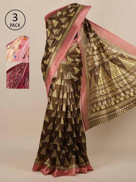 

Pothys-Pack of 3 Assorted Jute Silk Printed Sarees, Brown