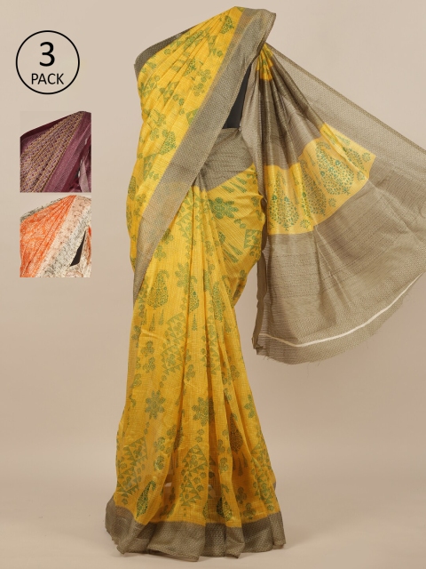 

Pothys-Pack of 3 Assorted Jute Print Sarees, Yellow