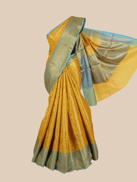 

Pothys Mustard & Blue Woven Design Art Silk Banarasi Saree