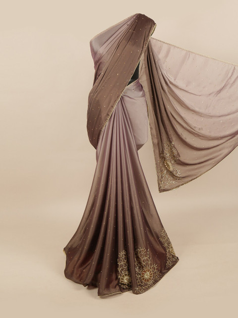 

Pothys Brown & Gold-Toned Floral Beads and Stones Pure Georgette Saree