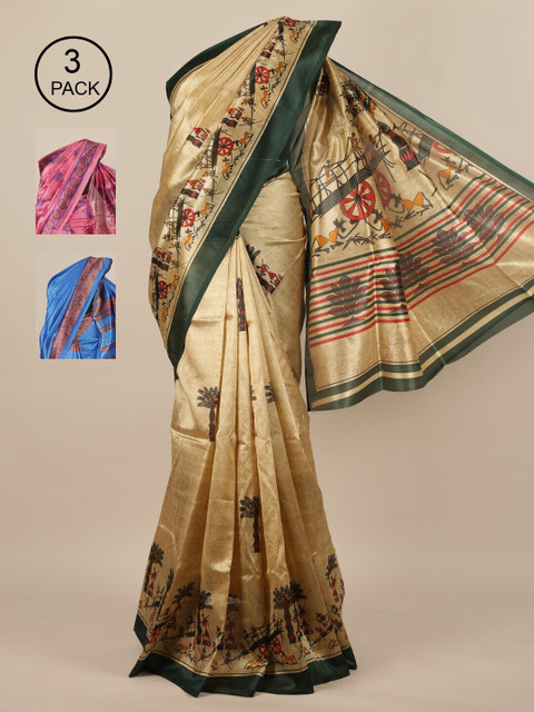 

Pothys-Pack of 3 Assorted Jute Print Sarees, Cream