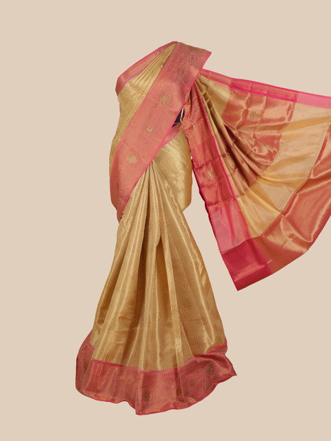 

Pothys Cream & Pink Floral Zari Art Silk Banarasi Saree