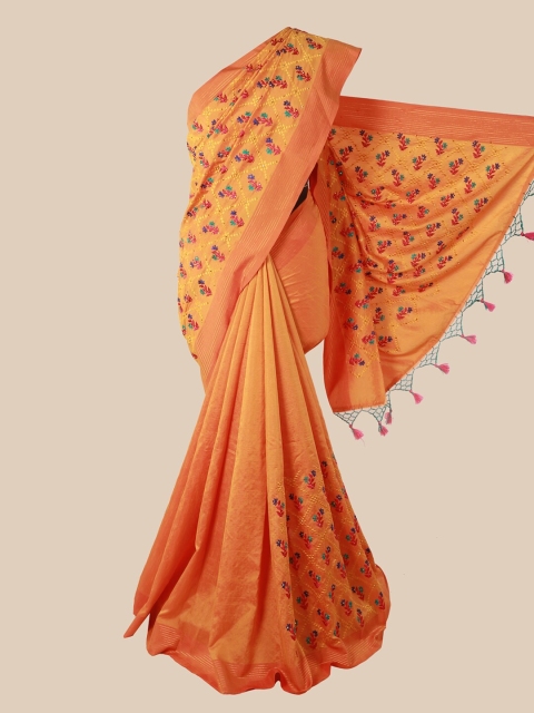 

Pothys Mustard & Green Floral Embroidered Art Silk Heavy Work Saree
