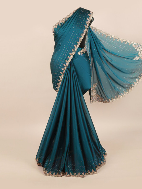 

Pothys Blue & Transparent Embellished Beads and Stones Pure Georgette Saree