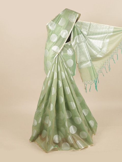 

Pothys Green & Silver-Toned Woven Design Linen Blend Saree
