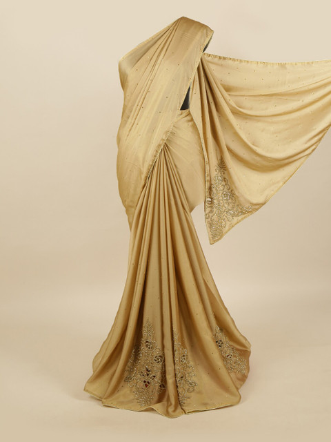 

Pothys Cream & Gold-Toned Embellished Beads and Stones Pure Georgette Saree
