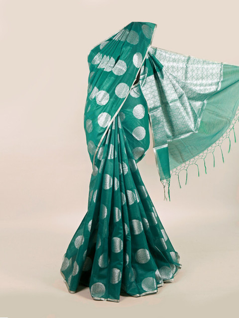 

Pothys Green & Silver-Toned Floral Zari Linen Blend Saree