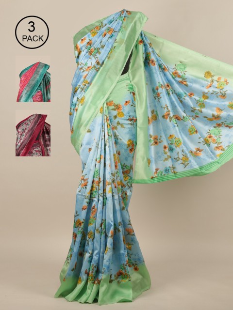 

Pothys-Pack of 3 Jute Silk Printed Sarees, Blue