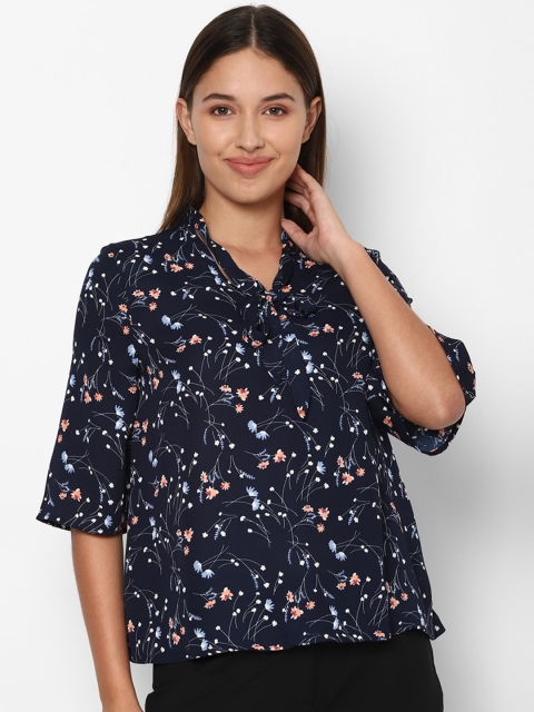

Allen Solly Woman Navy Blue Floral Tie-Up Neck Regular Top