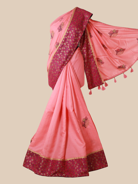 

Pothys Pink Floral Beads and Stones Art Silk Saree With Tasseled Pallu