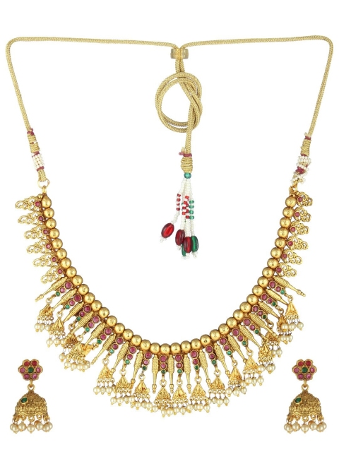 

Adwitiya Collection Gold-Plated Green and Pink Stone Studded Antique Jewellery Set