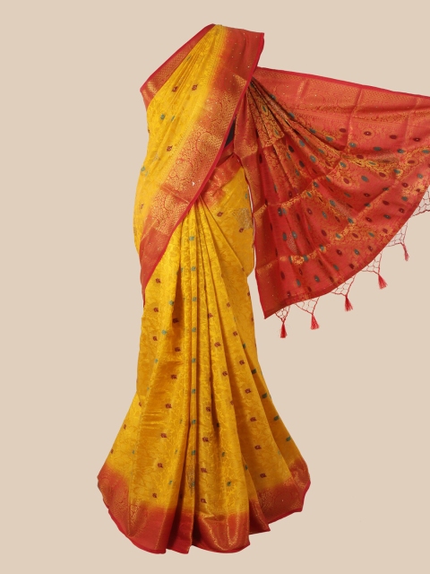 

Pothys Mustard & Red Woven Design Art Silk Banarasi Saree With Tasseled Pallu