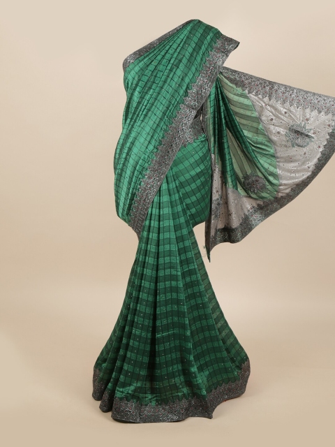 

Pothys Green & Grey Checked Embellished Pure Georgette Saree