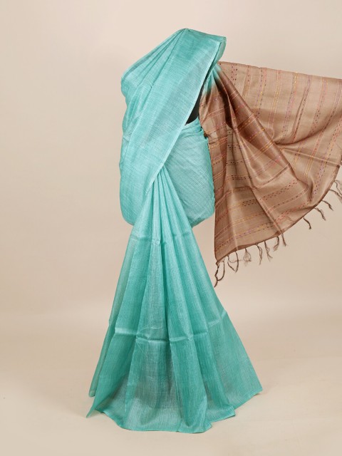

Pothys Turquoise Blue & Purple Striped Pure Silk Tussar Saree