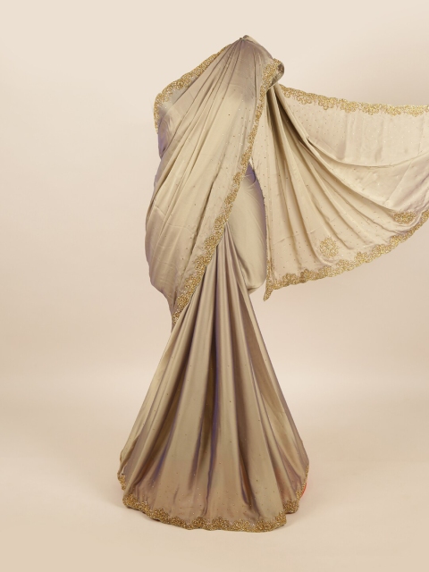 

Pothys Tan & Gold-Toned Embellished Beads and Stones Pure Georgette Saree