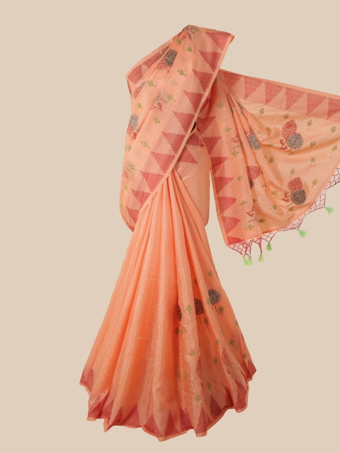 

Pothys Peach & Green Floral Beads and Stones Art Silk Saree