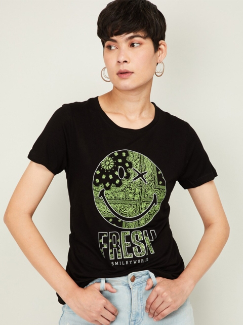 

Smiley World Women Black Graphic Printed T-shirt