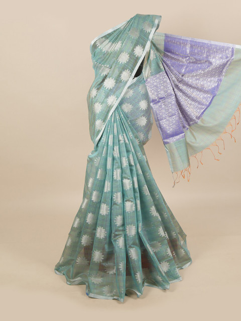 

Pothys Blue & Silver-Toned Ethnic Motifs Zari Linen Blend Saree