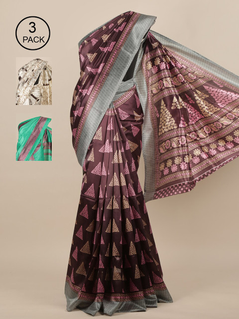 

Pothys-Pack of 3 Assorted Jute Print Sarees, Brown