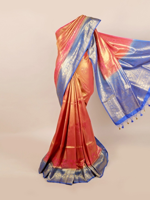 

Pothys Pink & Blue Floral Zari Art Silk Banarasi Saree