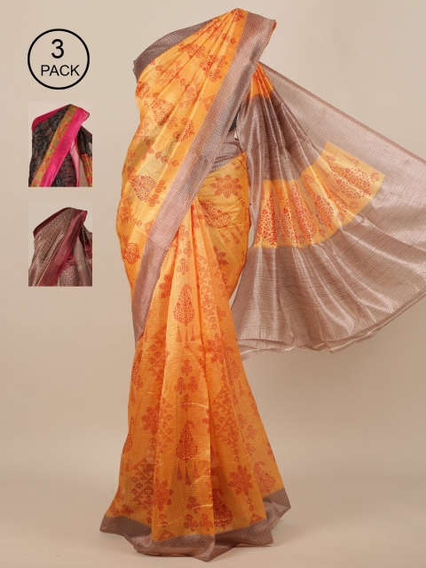 Pothys-Pack of 3 Jute Silk Printed Sarees, Orange