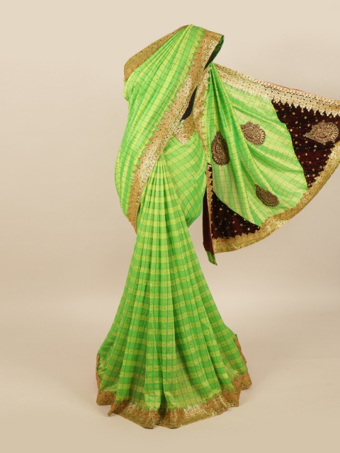 

Pothys Green & Brown Checked Beads and Stones Pure Georgette Saree