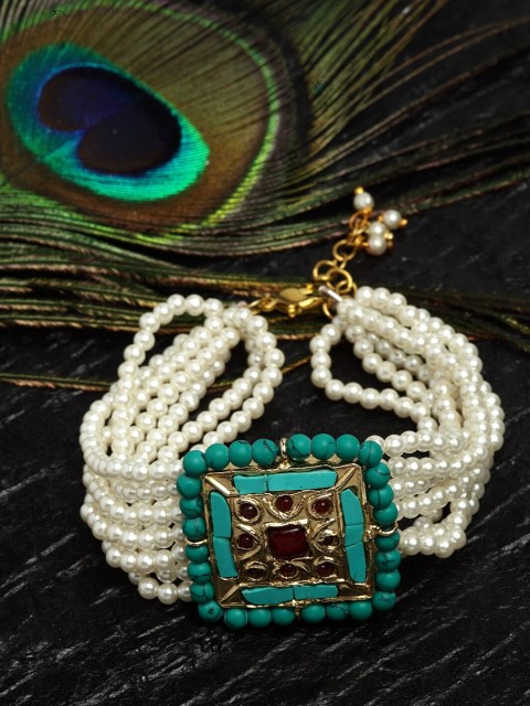 

DUGRISTYLE Women White & Green Pearls Handcrafted Gold-Plated Multistrand Bracelet