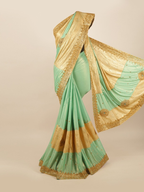 

Pothys Green & Gold-Toned Embellished Beads and Stones Pure Georgette Saree