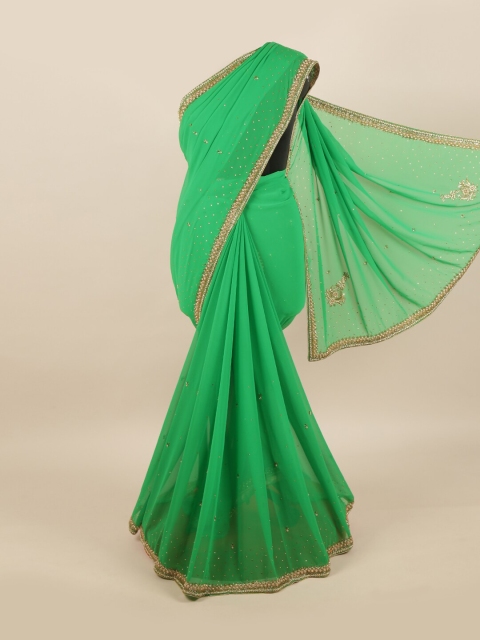 

Pothys Green & Gold-Toned Embellished Beads and Stones Pure Georgette Saree
