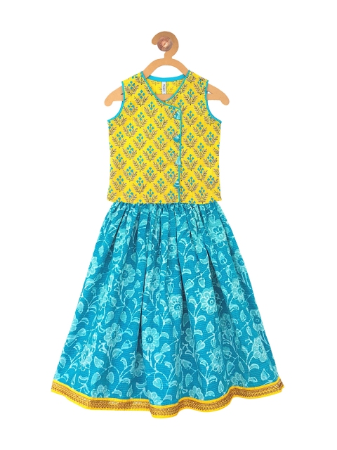

Campana Girls Yellow & Blue Printed Block Print Ready to Wear Lehenga & Choli