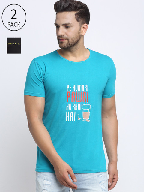 

VIMAL JONNEY Men Pack Of 2 Turquoise Blue & Black Printed T-shirts