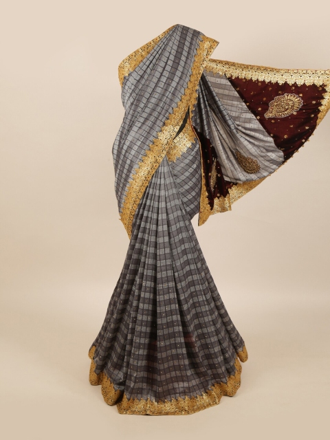 

Pothys Women Grey Checked Embroidered Pure Georgette Saree