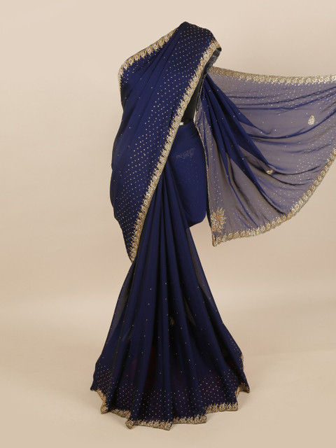 

Pothys Blue & Gold-Toned Ethnic Motifs Beads and Stones Pure Georgette Saree