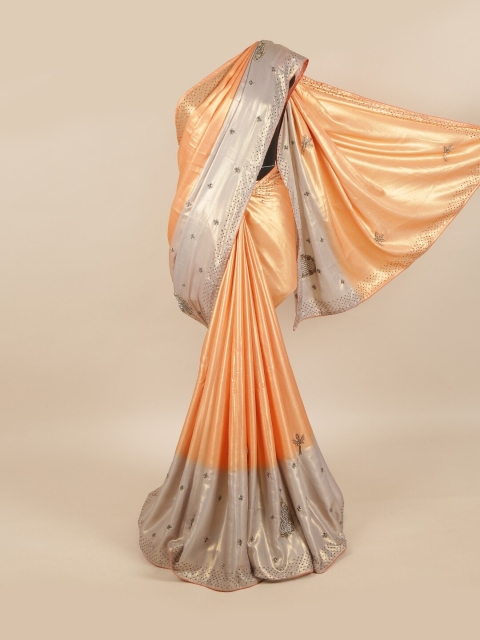 

Pothys Peach & Cream-Coloured Embellished Beads and Stones Pure Georgette Saree