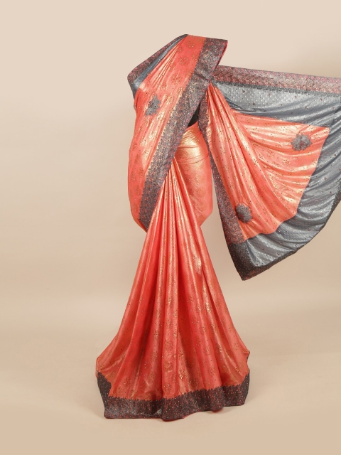 

Pothys Pink & Grey Embellished Beads and Stones Pure Georgette Saree