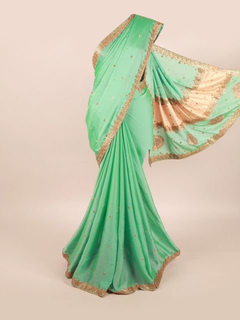 

Pothys Green & Gold-Toned Pure Georgette Saree with Stonework