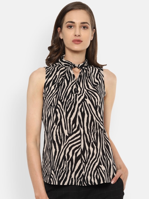 Van Heusen Woman Black & Beige Animal Keyhole Neck Regular Top