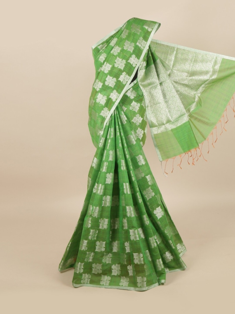 

Pothys Green & Silver Printed Linen Blend Saree