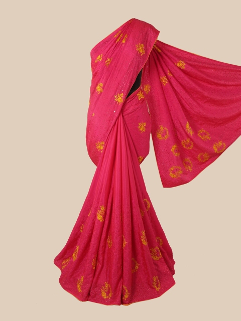

Pothys Magenta & Yellow Floral Beads and Stones Art Silk Saree